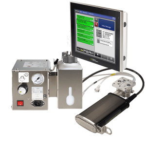 Matthews Marking Systems V-Series drop-on-demand inkjet printing system with MPERIA controller, printhead, and bulk ink supply components.