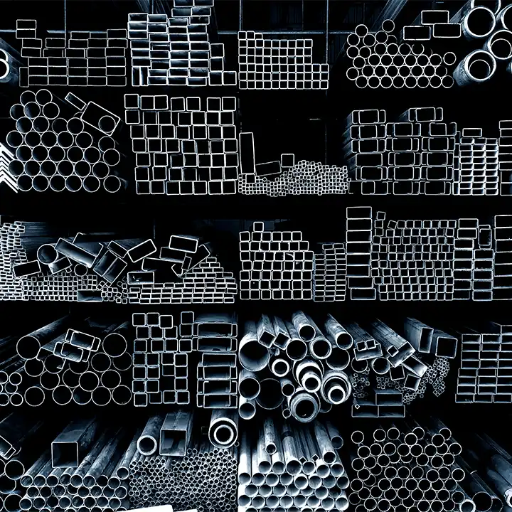 Stacks of steel and aluminum tubes and metal profiles in various round, square, and rectangular shapes arranged on industrial storage racks.