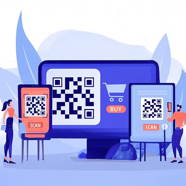Illustration of QR codes displayed on digital screens with shopping icons, highlighting QR code scanning, product authentication, and customer engagement.