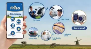 Friso TrackEasy product traceability system showing how QR codes allow consumers to track dairy products from farms through quality checks and packaging.
