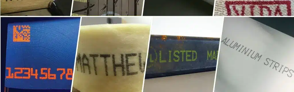 Collage of industrial inkjet marking samples showing printed codes, text, and product identification on rubber, metal, and other manufacturing materials.