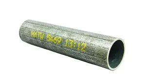 Metal pipe marked with yellow alphanumeric text using industrial inkjet printing for product identification and traceability.