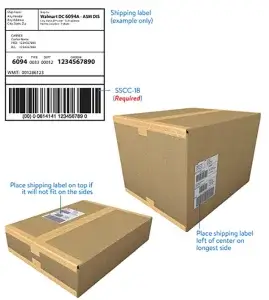 Diagram illustrating Walmart shipping label requirements, including SSCC-18 barcodes and proper label placement on corrugated shipping cartons.